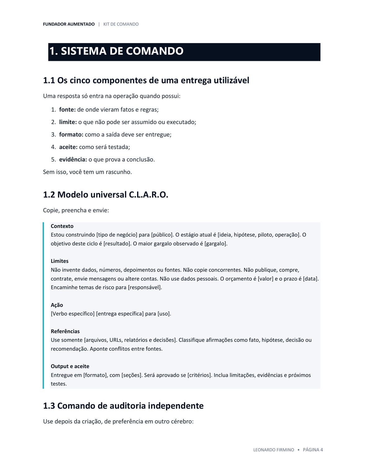 Página do Kit de Comando com o modelo universal C.L.A.R.O.
