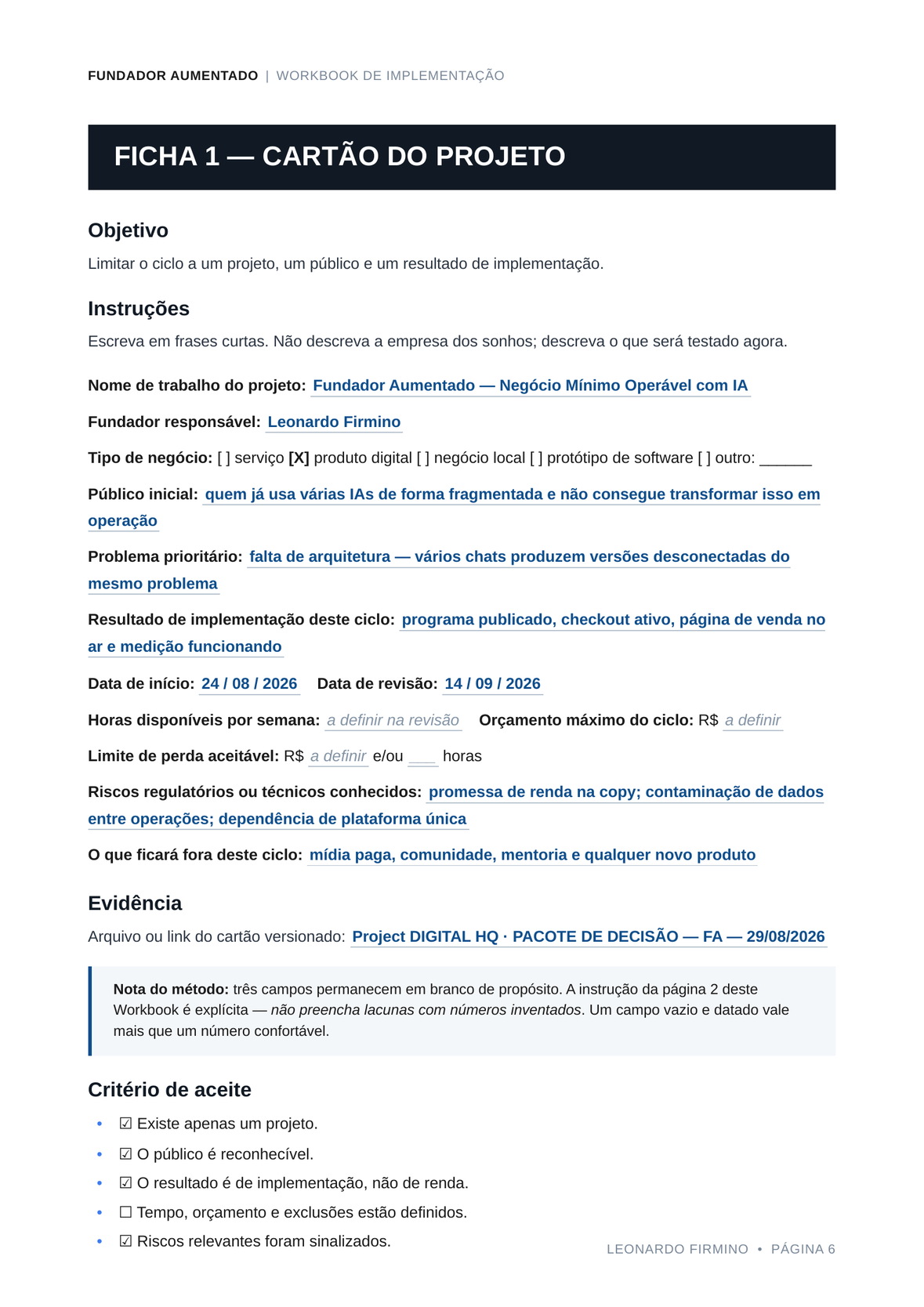 Ficha 1 do Workbook, Cartão do Projeto, preenchida